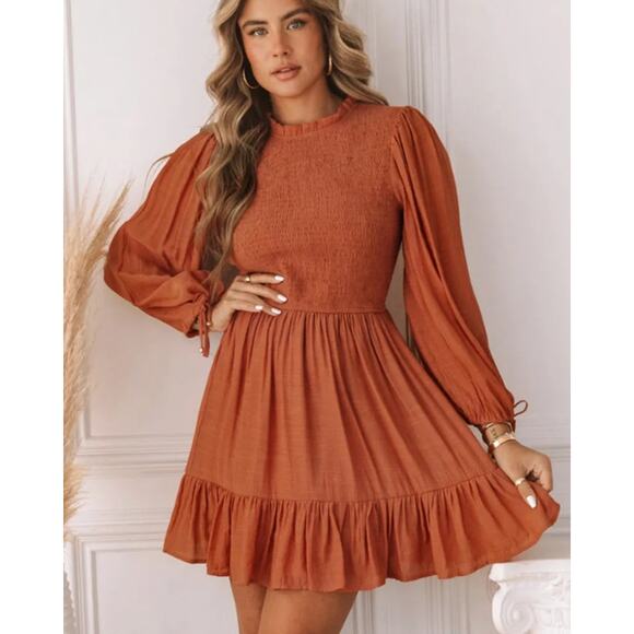 Smocked Frilled Neck Puff Sleeve Ruffle Hem Mini Dress NWOT Size S - Picture 1 of 11